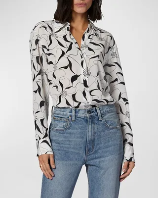 Floral-Print Button-Down Silk Shirt