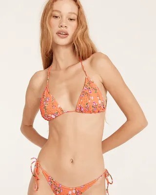Smocked high-cut string bikini bottom in coral floral