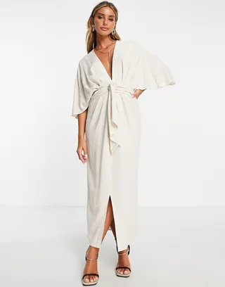 ASOS DESIGN batwing tie front linen midi dress in natural