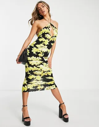 ASOS DESIGN chain halter midi dress in black and gold floral print