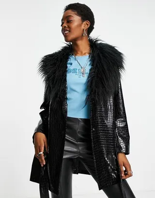 ASOS DESIGN croc vinyl belted coat with faux fur collar in black