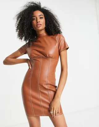 ASOS DESIGN high neck mini dress in PU with topstitching