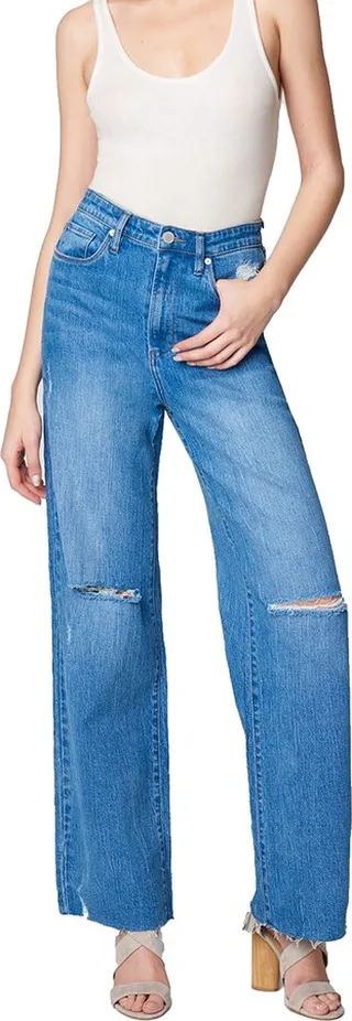 [BLANKNYC] Womens Five Pocket Wide Leg Jean with Rips at Knee