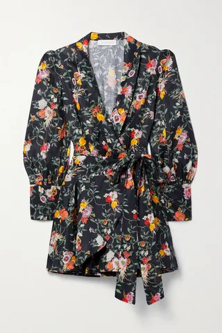 Zimmermann - Floral-print Linen Mini Wrap Dress - Black