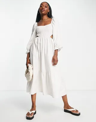 New Look puff sleeve midi dress with cut out detail in white