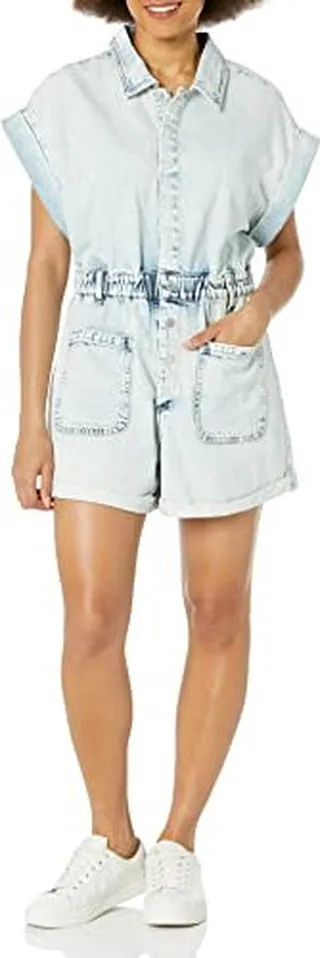 [BLANKNYC] Womens Acid Denim Wash Short Sleeve Romper with Patch Pockets