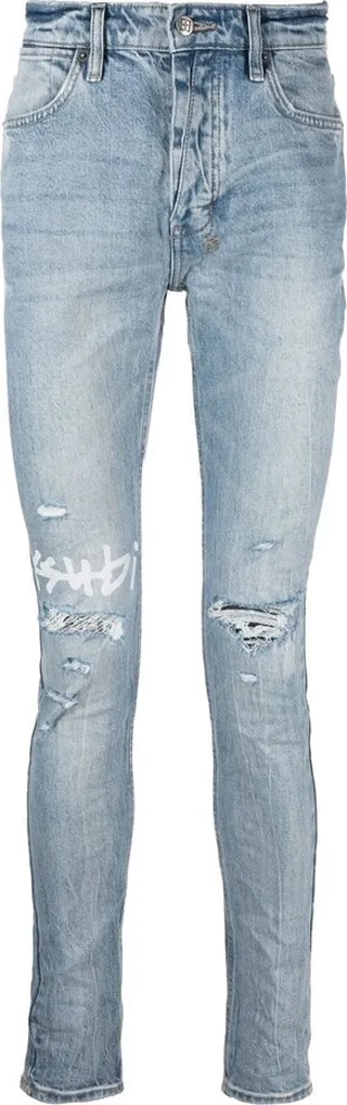 Logo-Print Distressed Skinny-Cut Jeans