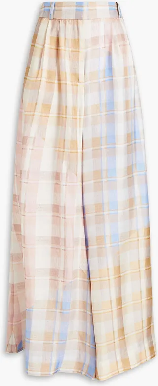 Pleated checked silk-twill wide-leg pants
