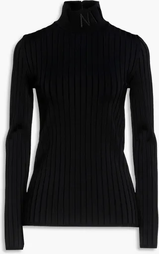 Embroidered ribbed-knit turtleneck sweater