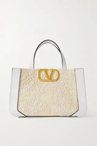 Valentino Garavani - Valentino Garavani Vlogo Leather-trimmed Bead-embellished Canvas Tote - White