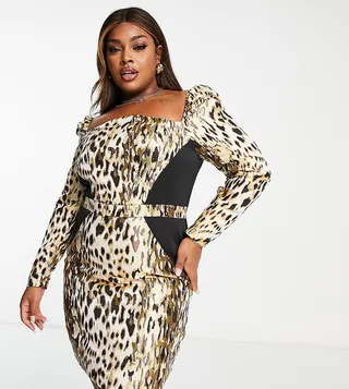 ASOS LUXE Curve puff shoulder square neck belted midi skirt in animal print jacquard