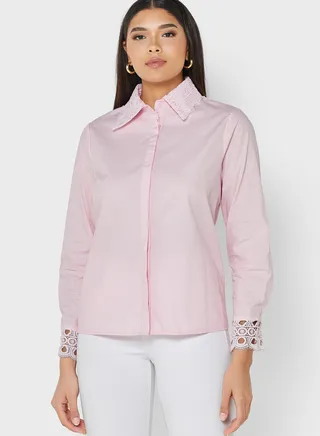Crochet Lace Hem & Collar Detail Shirt