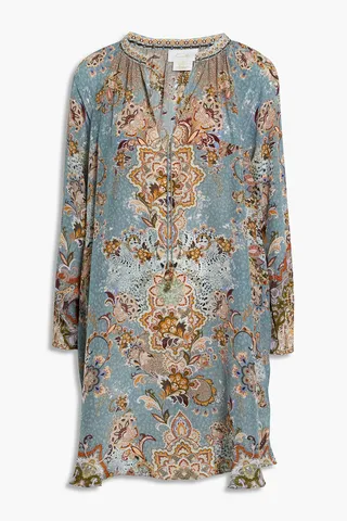 Crystal-embellished printed silk crepe de chine mini dress
