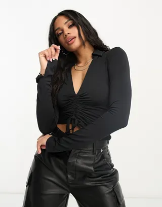 ASOS DESIGN ruched front long sleeve shirt in black