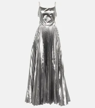 Cutout pleated lame gown