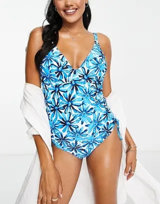 Figleaves Fuller Bust palermo belted tummy control swimsuit in blue and white