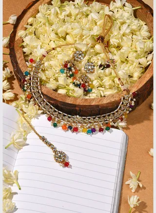 Gold Plated Designer Stone Beaded Necklace, Earrings and Maang Tikka Set