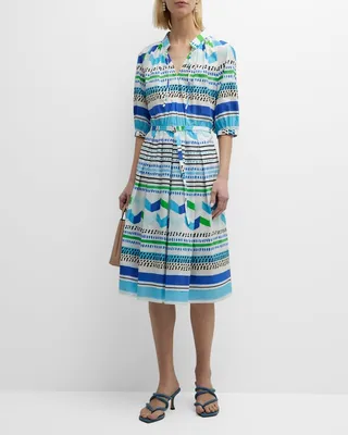 Abstract-Print Belted Fit-&-Flare Midi Shirtdress