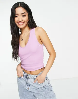 ASOS DESIGN v neck tank top with lace trim in lilac