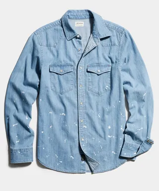 Italian Denim Western Shirt in Paint Splattered Washed Indigo