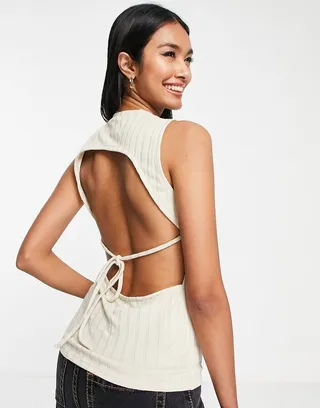 Topshop tie back rib tank top in stone