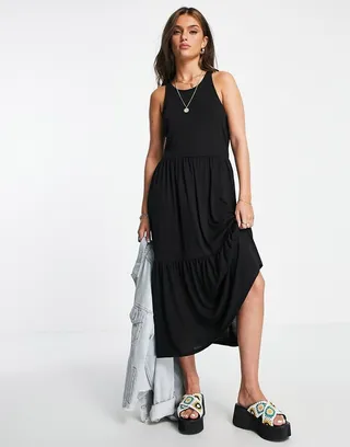JDY cross back tiered smock midi dress in black