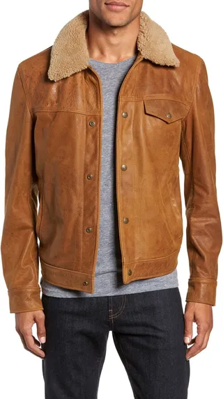 Vintage Buffalo Leather Trucker Jacket with Genuine Sheepskin Collar