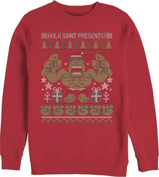 Men's Marvel Ugly Christmas Hulk Want Presents Sweatshirt - Red - Medium