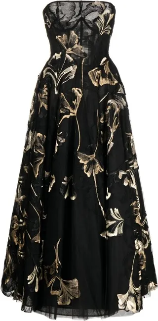 Floral-Embroidered Strapless Midi Dress