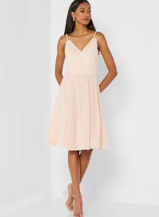 Sequin Detail Lace Trim Strappy Dress