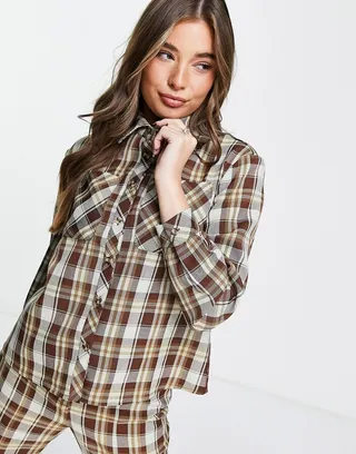 Glamorous relaxed shirt in brown grunge check - part of a set
