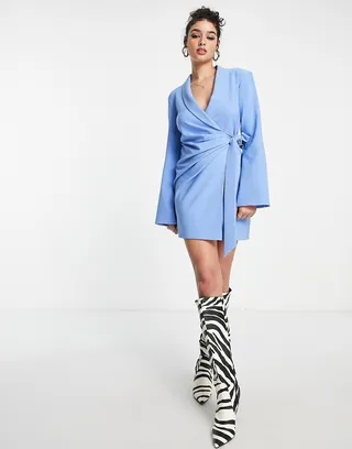 ASOS DESIGN wrap front mini tux dress in blue