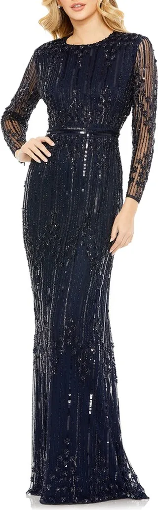 Sequin Stripe Long Sleeve Column Gown