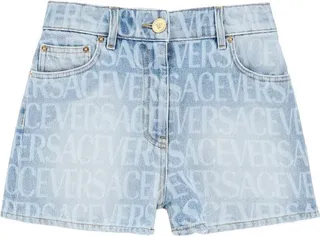 Versace Allover Logo Printed Denim Shorts