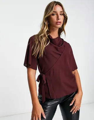 ASOS DESIGN drape neck tie side top in wine