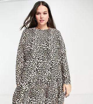 ASOS DESIGN Curve long sleeve tiered smock mini dress in animal print