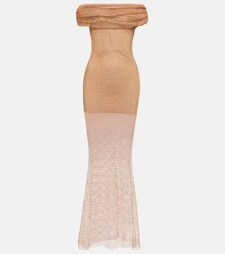 Crystal-embellished mesh maxi dress