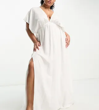 ASOS DESIGN Curve flutter sleeve maxi beach dress with channeled tie waist in white