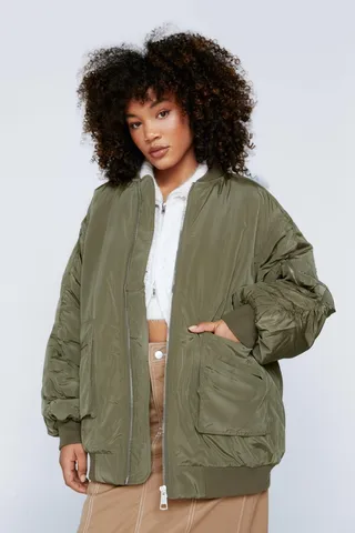 Nasty Gal Womens Oversized Multi Pocket Sleeve Detail Padded Bomber Jacket