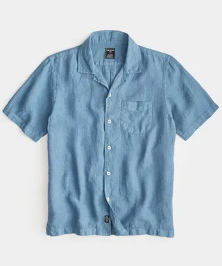Linen Camp Collar Shirt in Oil Blue