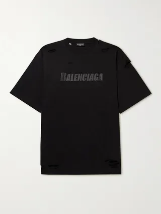Oversized Distressed Logo-Print Cotton-Jersey T-Shirt