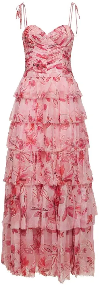 Flower tiered silk crepe gown