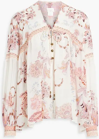 Embellished printed silk-chiffon blouse