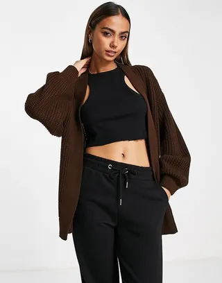 New Look balloon sleeve knitted cardigan in dark brown