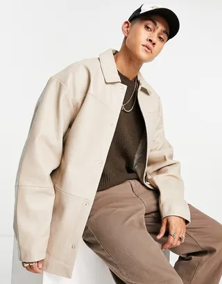 ASOS DESIGN oversized real leather shacket in beige