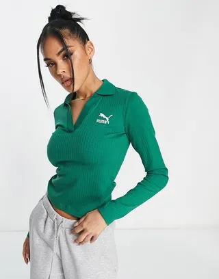PUMA Classics ribbed logo polo top in forest green