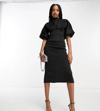 ASOS DESIGN Tall high neck seamed open back midi pencil dress in black