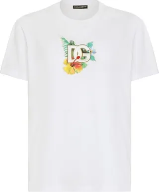 Hawaiian-print round-neck T-shirt with DG embroidery