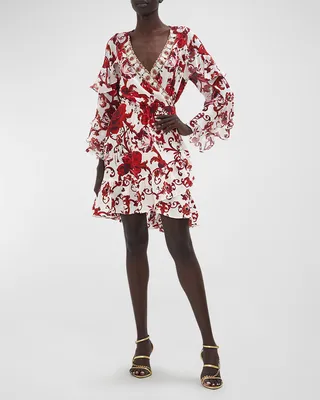 Short Floral SIlk Wrap Dress with Ruffles
