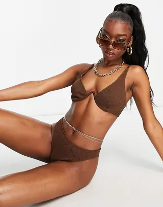 ASOS DESIGN mix and match crinkle v wire bikini top in chocolate brown